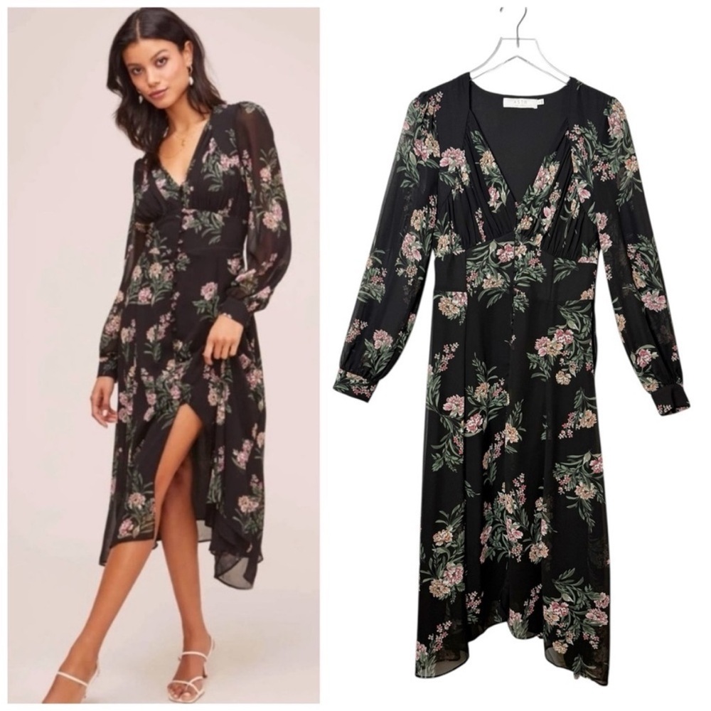 ASTR The Label V Neck Moody Black Florals Whimsigoth Women’s Midi Dress Size S